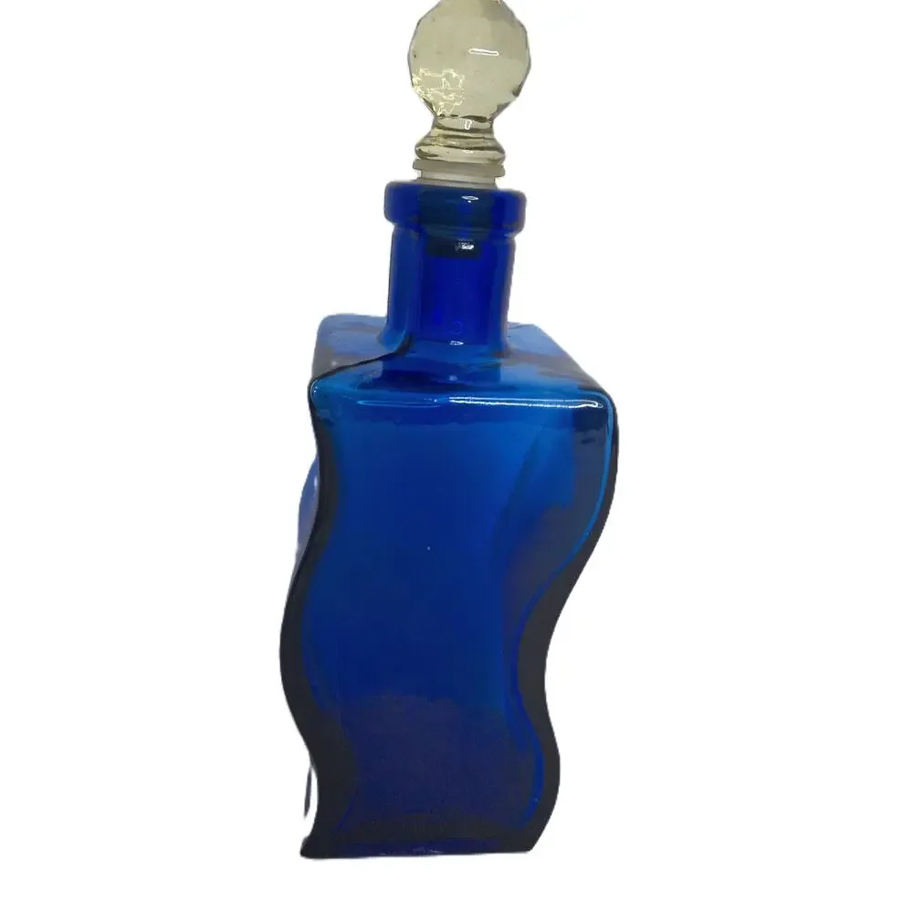Cobalt Blue Wavy Glass Bottle Vase Hand Blown Recycled Style Decor